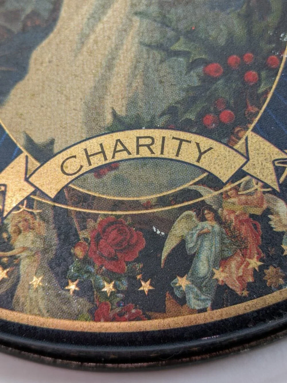 Vintage Victorian Angel Charity Tin Religious Gold Accent Gifted Line